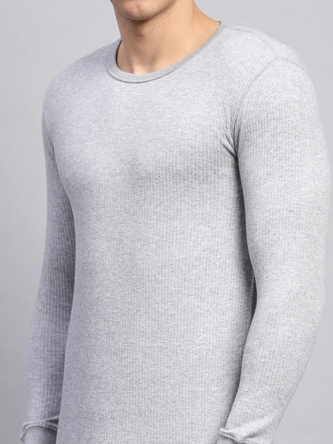Men Grey Solid Round Neck Full Sleeve Thermal Vest - Image 6