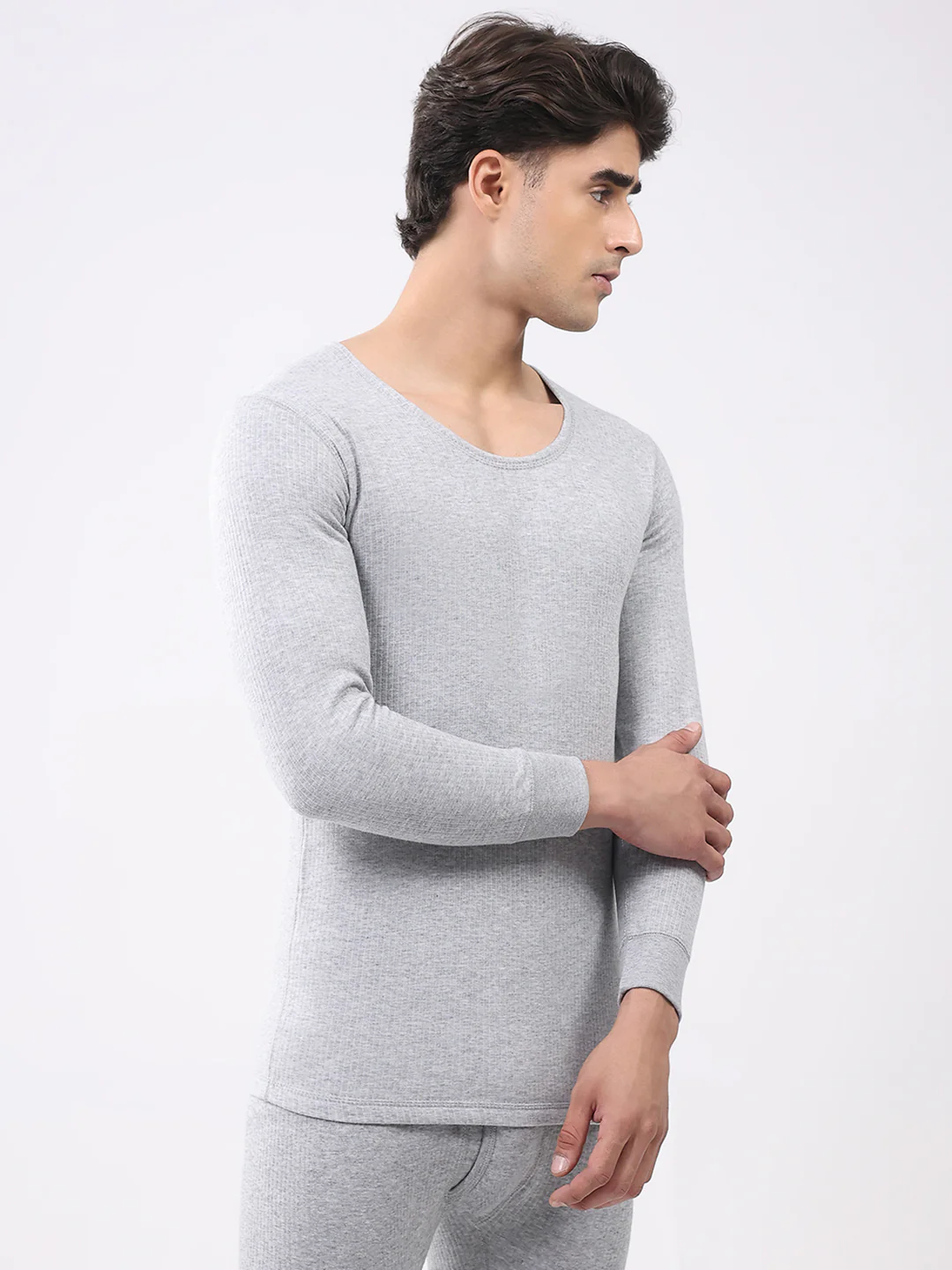 Men Grey Solid Round Neck Full Sleeve Thermal Vest - Image 4