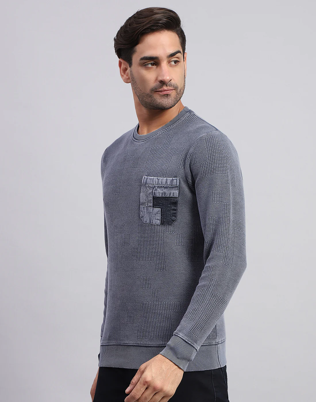 Men Grey Solid Round Neck Full Sleeve Winter T-Shirt - Image 3