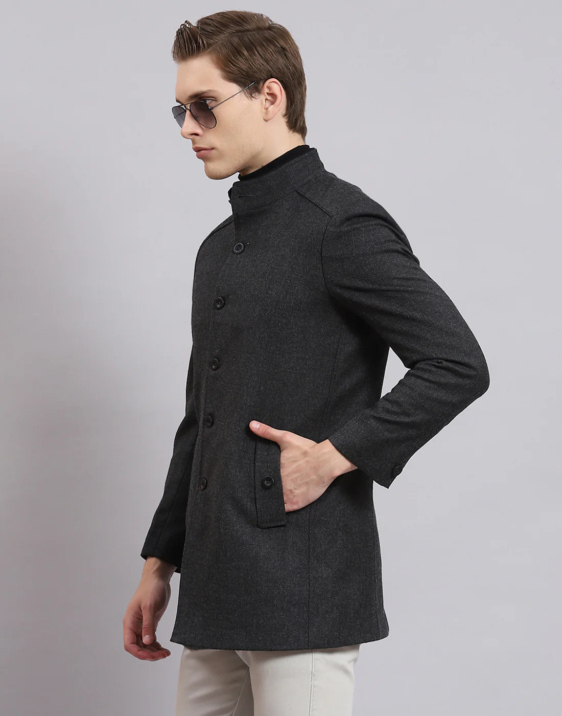 Men Grey Solid Stand Collar Full Sleeve Coat - Image 3