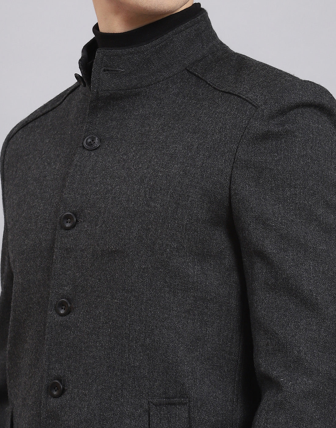 Men Grey Solid Stand Collar Full Sleeve Coat - Image 7