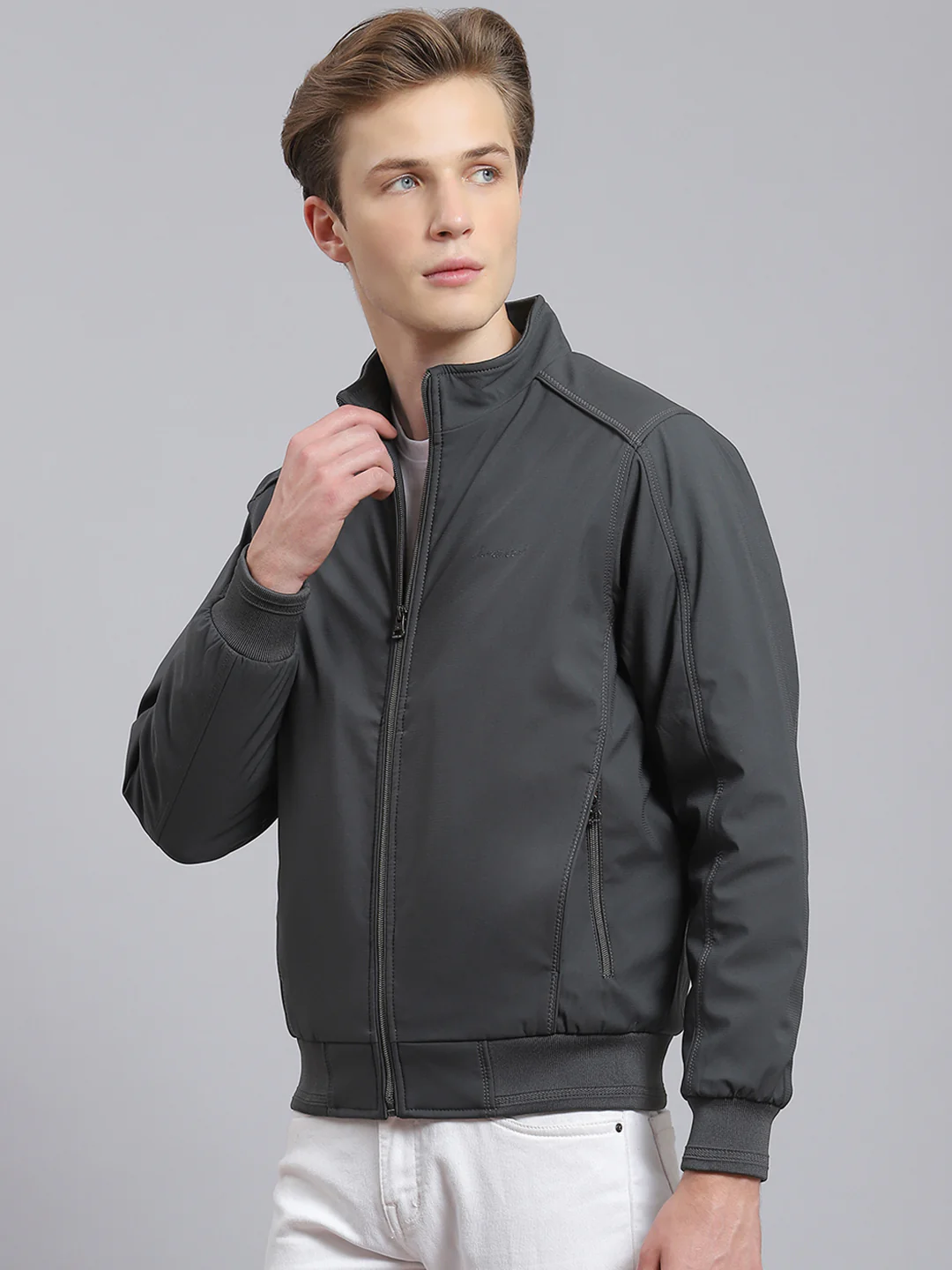 Men Grey Solid Stand Collar Full Sleeve Jacket - Image 2