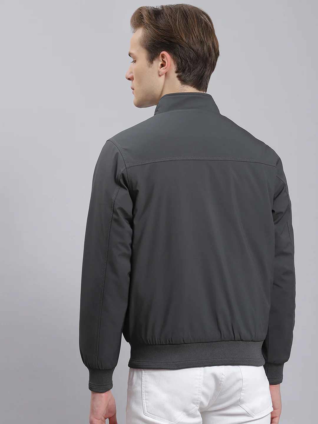 Men Grey Solid Stand Collar Full Sleeve Jacket - Image 4