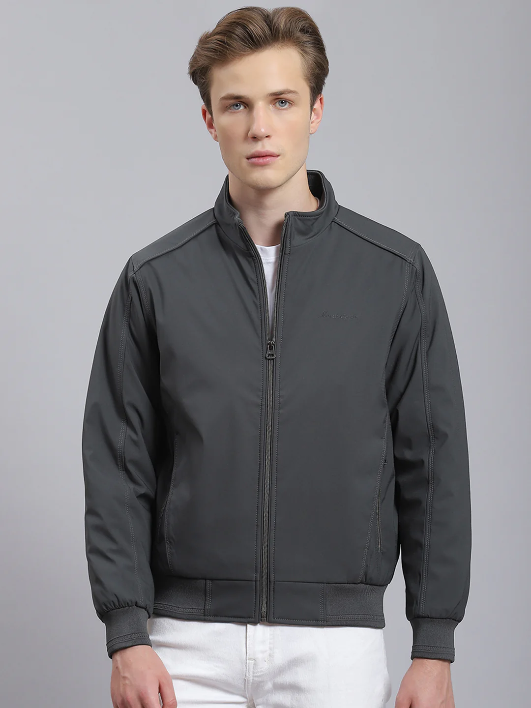 Men Grey Solid Stand Collar Full Sleeve Jacket - Image 5
