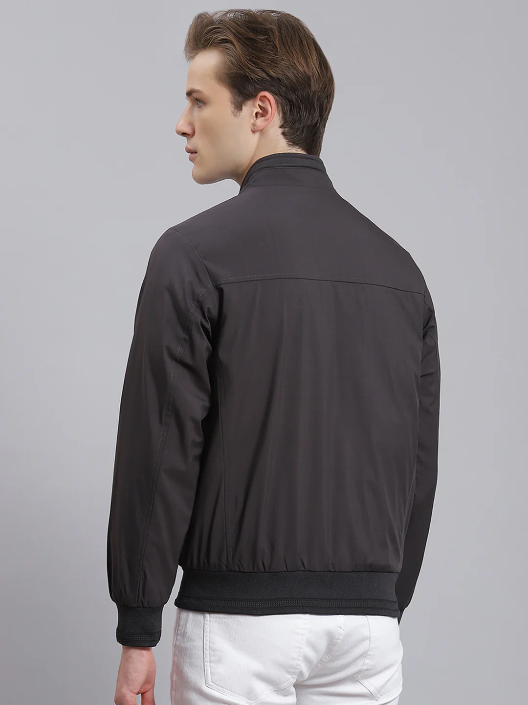 Men Grey Solid Stand Collar Full Sleeve Jacket - Image 4