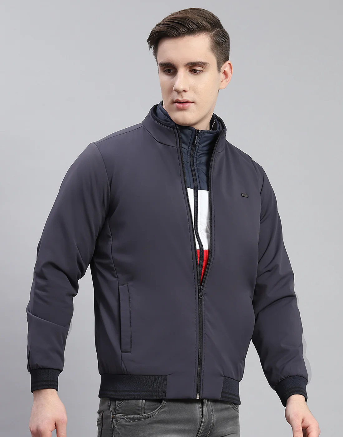 Men Grey Solid Stand Collar Full Sleeve Reversible Jacket - 2 Pc set - Image 9