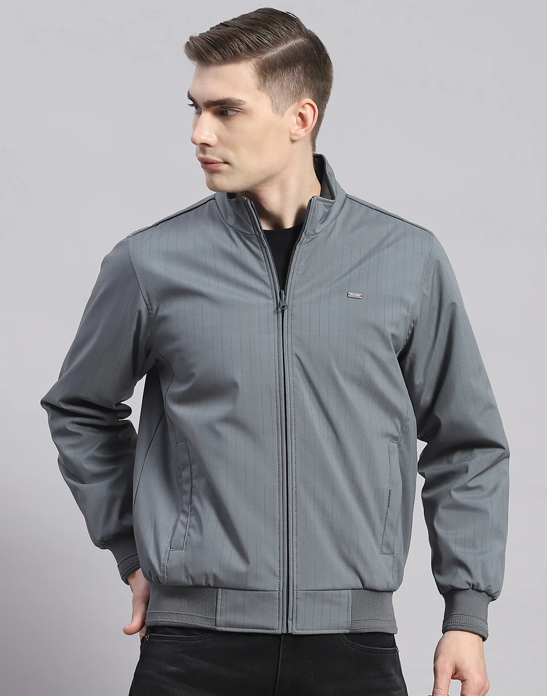Men Grey Solid Stand Collar Full Sleeve Jacket - Image 2