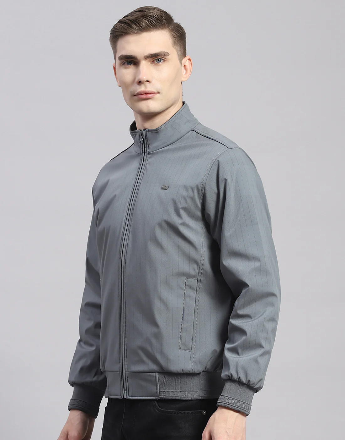 Men Grey Solid Stand Collar Full Sleeve Jacket - Image 3