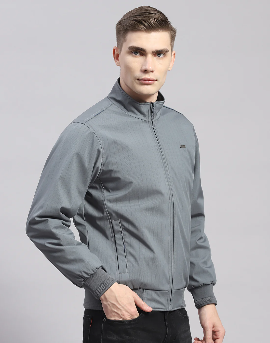 Men Grey Solid Stand Collar Full Sleeve Jacket - Image 4