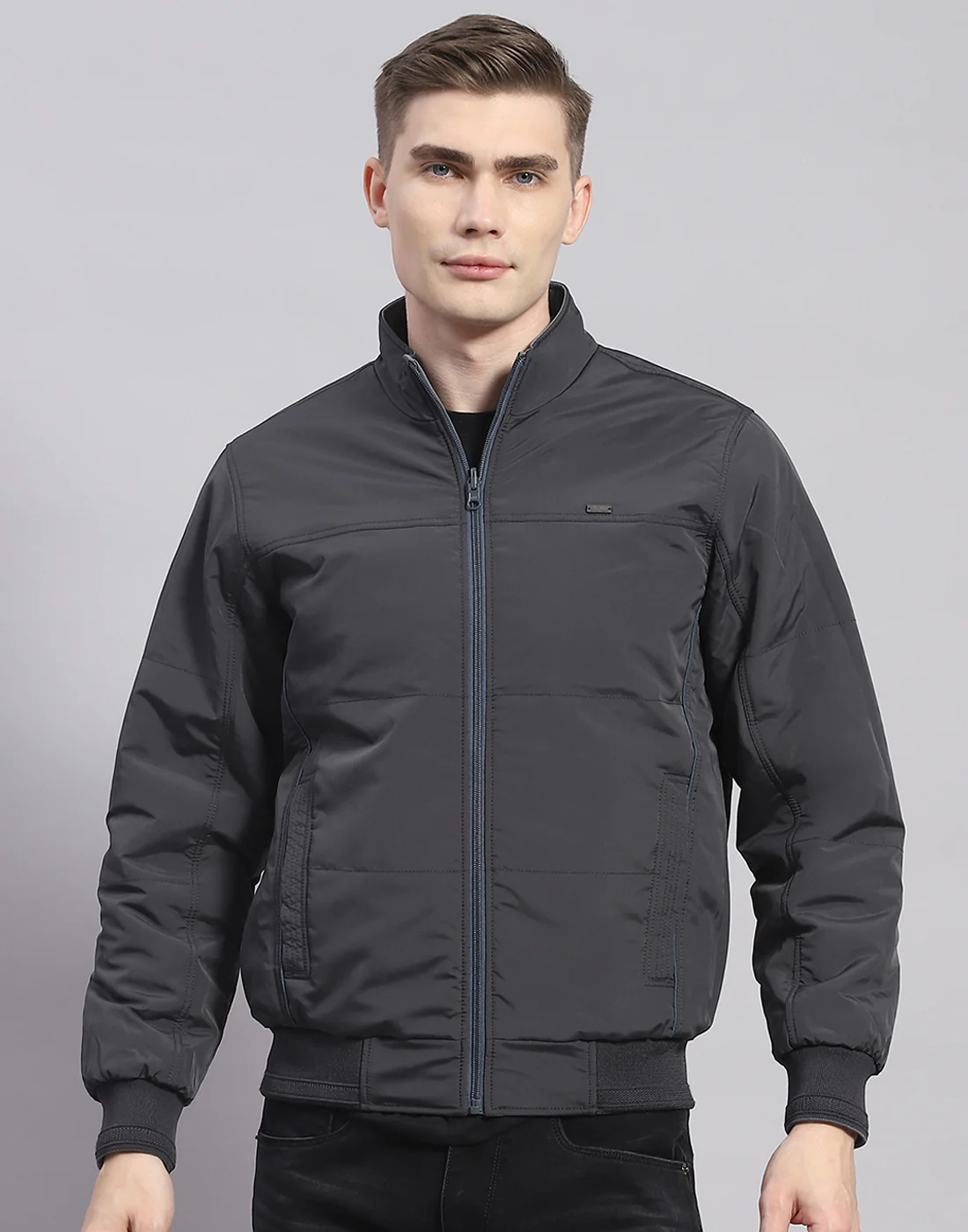 Men Grey Solid Stand Collar Full Sleeve Jacket - Image 6