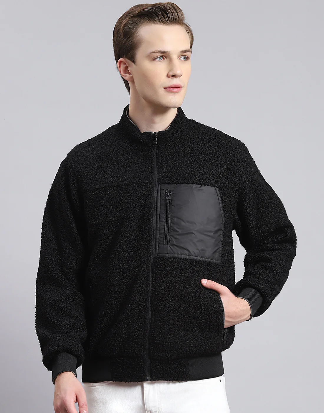 Men Grey Solid Stand Collar Full Sleeve Jacket - Image 6