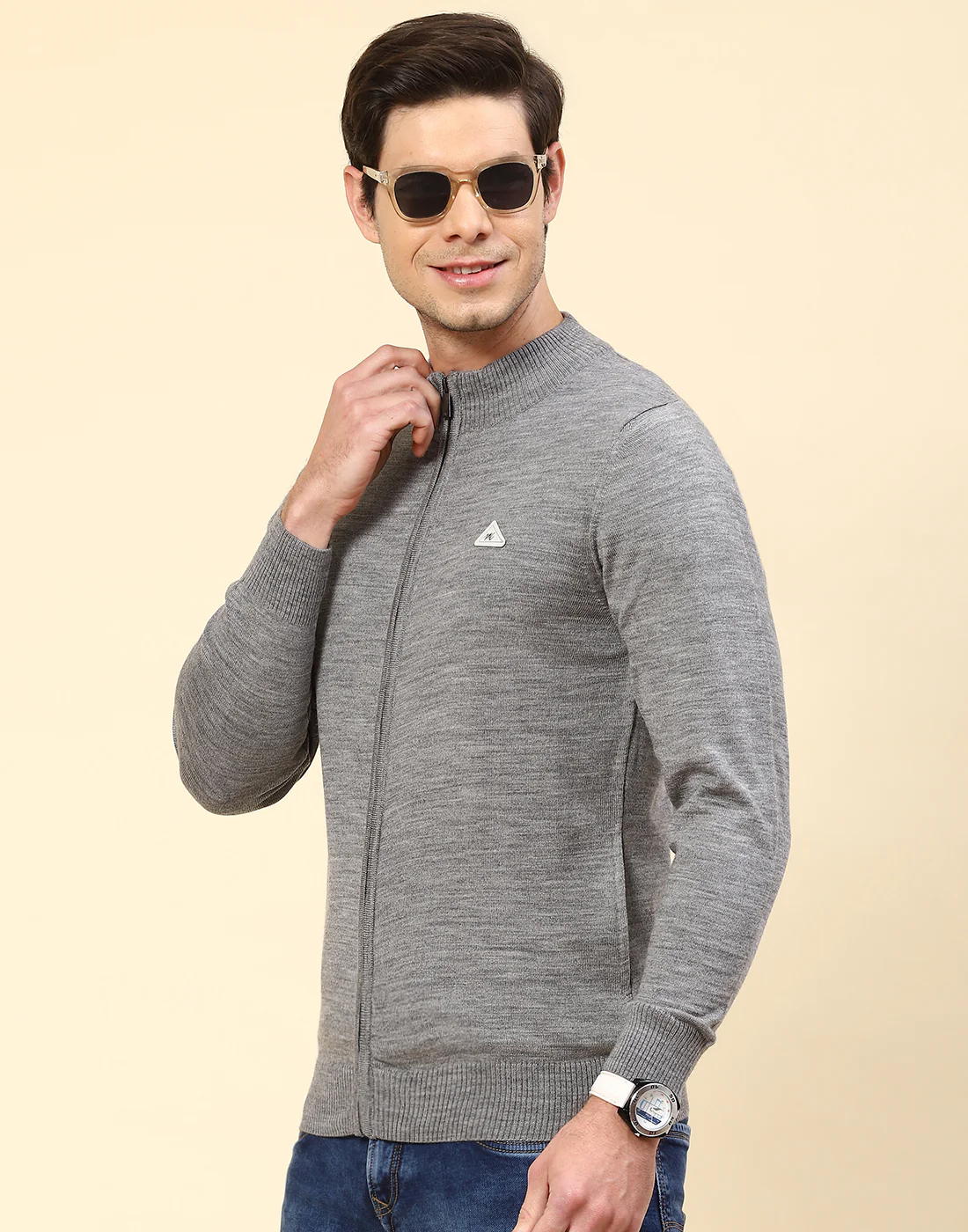Men Grey Solid Stand Collar Full Sleeve Pullover - Image 3
