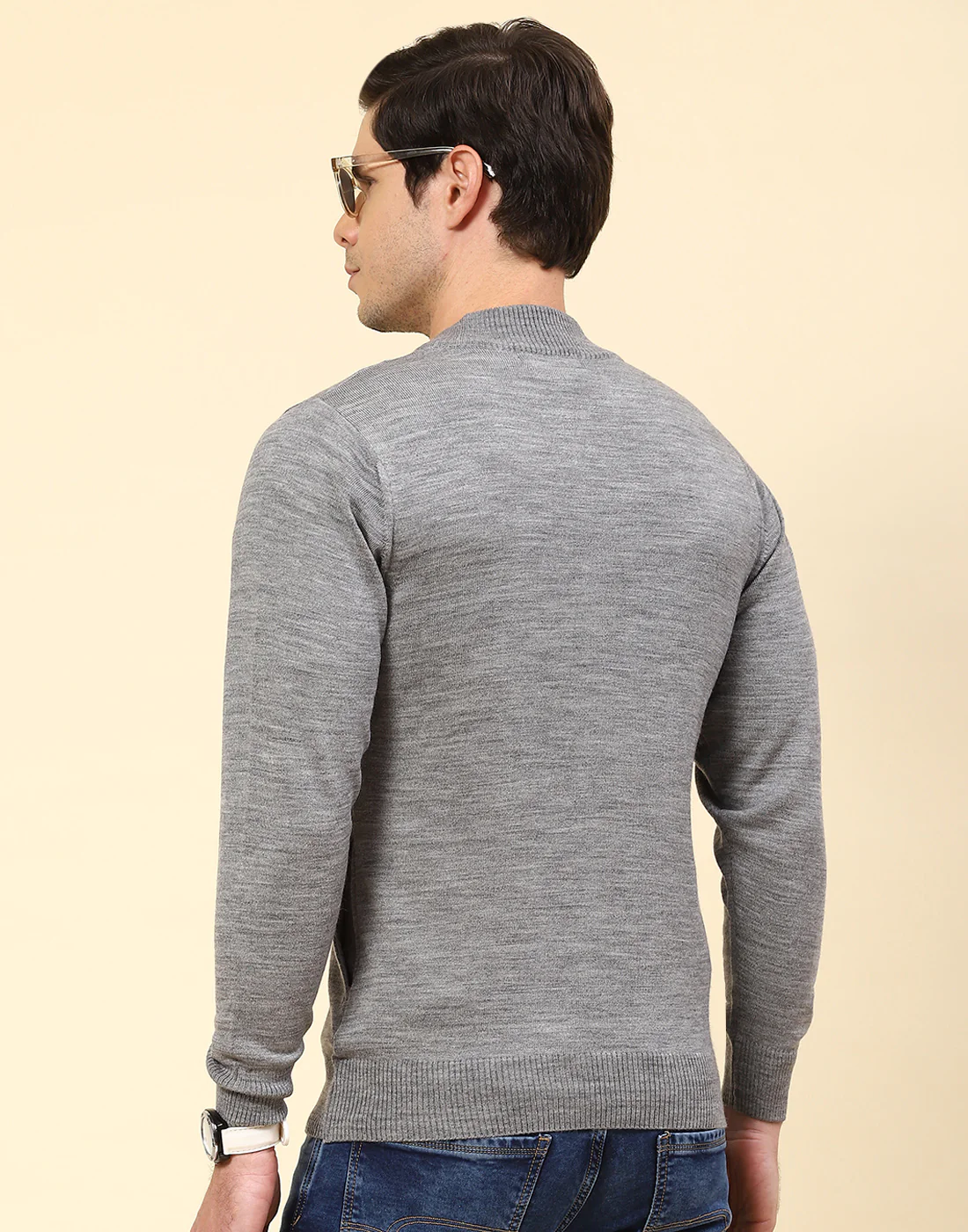 Men Grey Solid Stand Collar Full Sleeve Pullover - Image 5