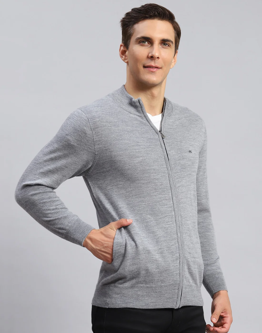Men Grey Solid Stand Collar Full Sleeve Pullover - Image 4