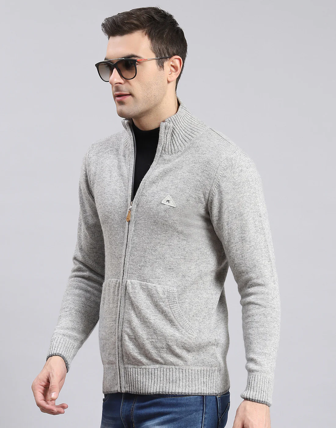 Men Grey Solid Stand Collar Full Sleeve Sweater - Image 3