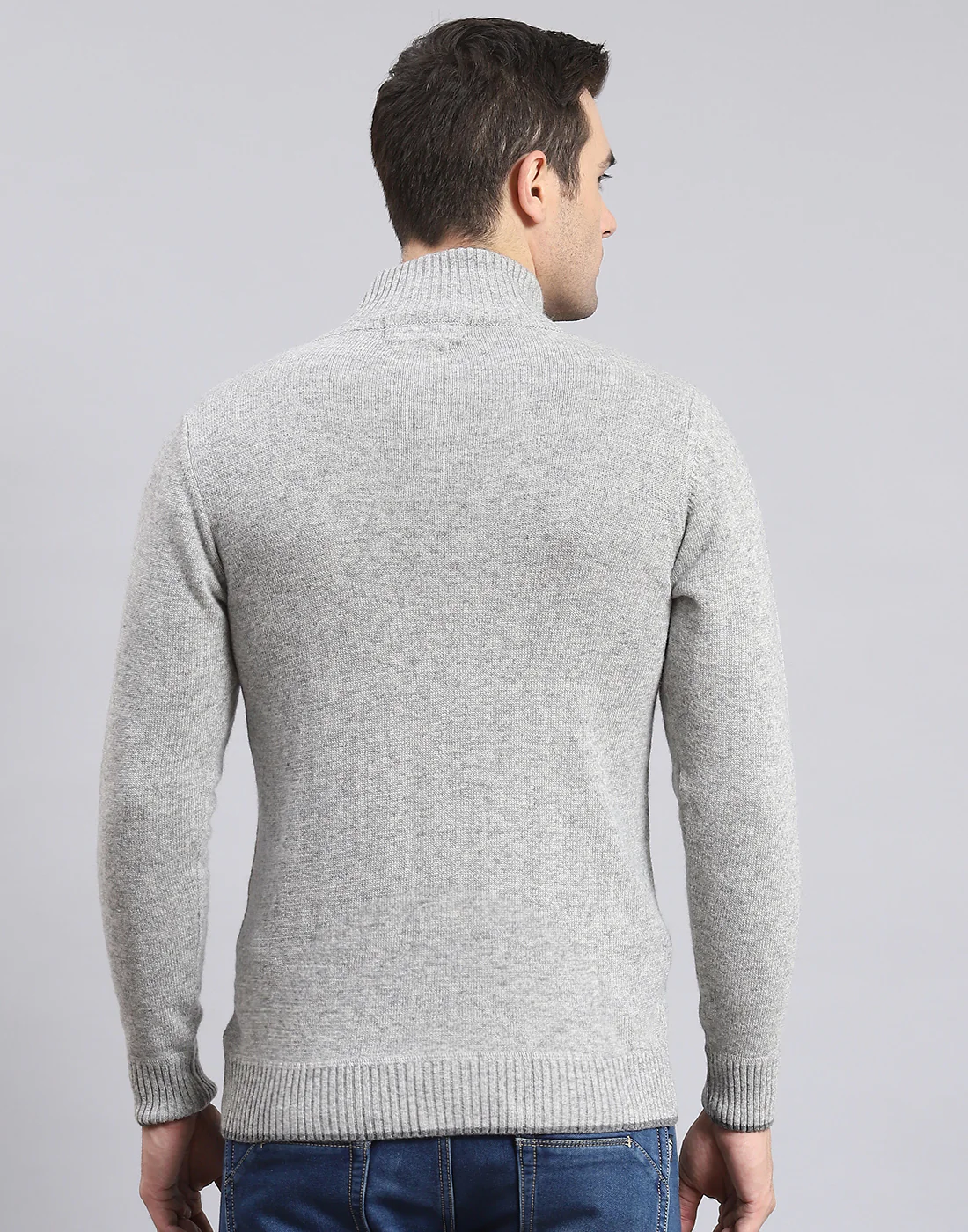 Men Grey Solid Stand Collar Full Sleeve Sweater - Image 6