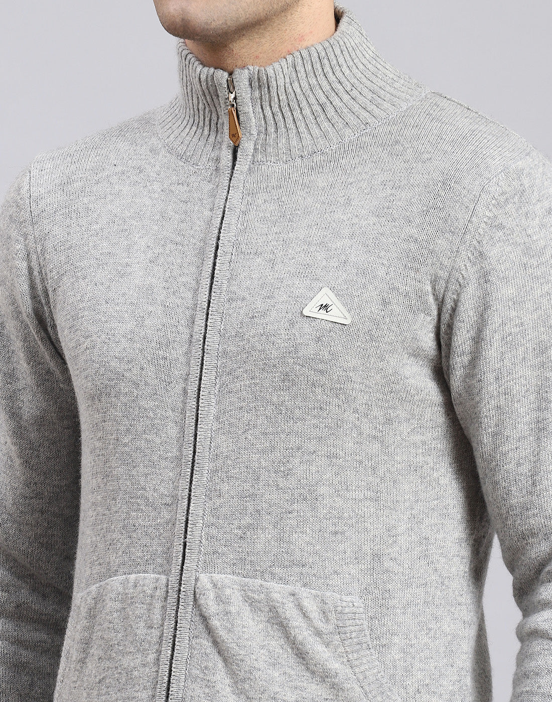 Men Grey Solid Stand Collar Full Sleeve Sweater - Image 7