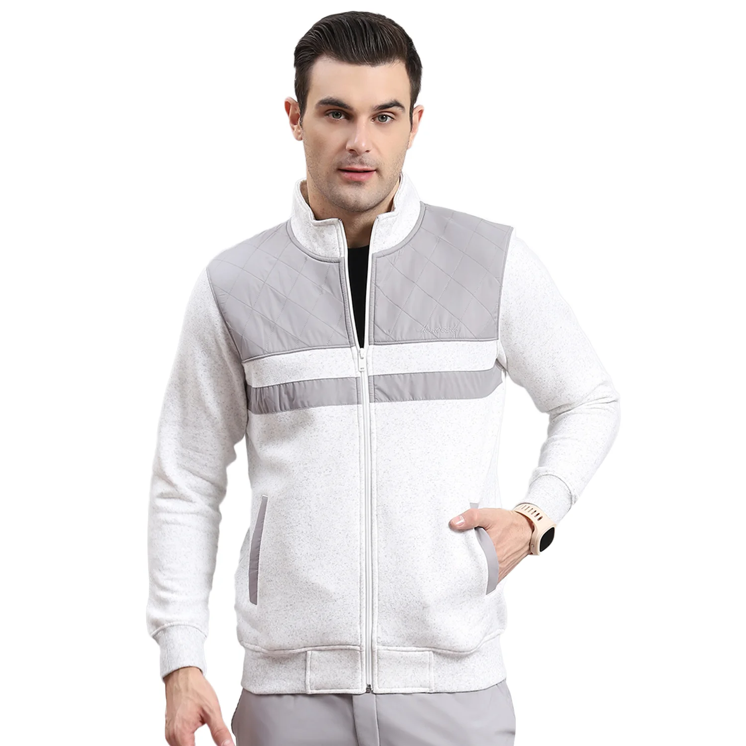 Men Grey Solid Stand Collar Full Sleeve Sweatshirt - Image 5