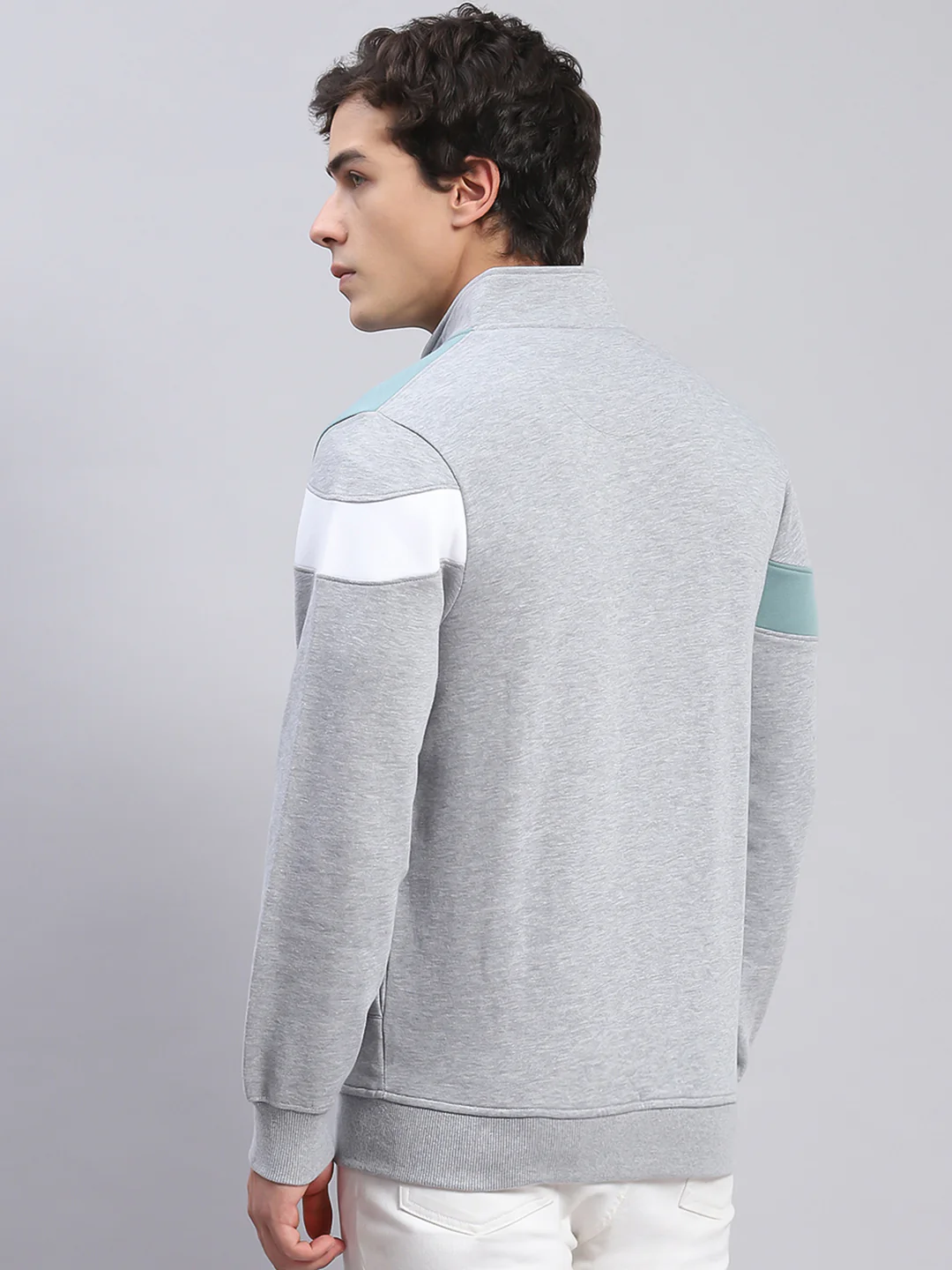 Men Grey Solid Stand Collar Full Sleeve Sweatshirts - Image 5