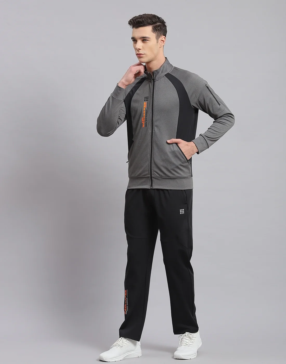 Rock.it Men Grey Solid Stand Collar Full Sleeve Tracksuit - Image 3