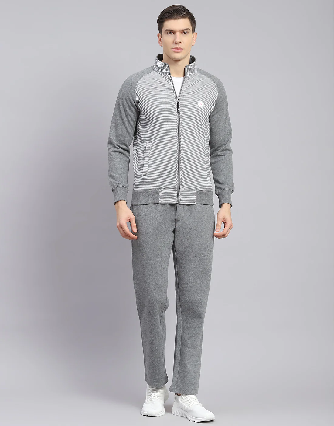 Men Grey Solid Stand Collar Full Sleeve Tracksuit - Image 2