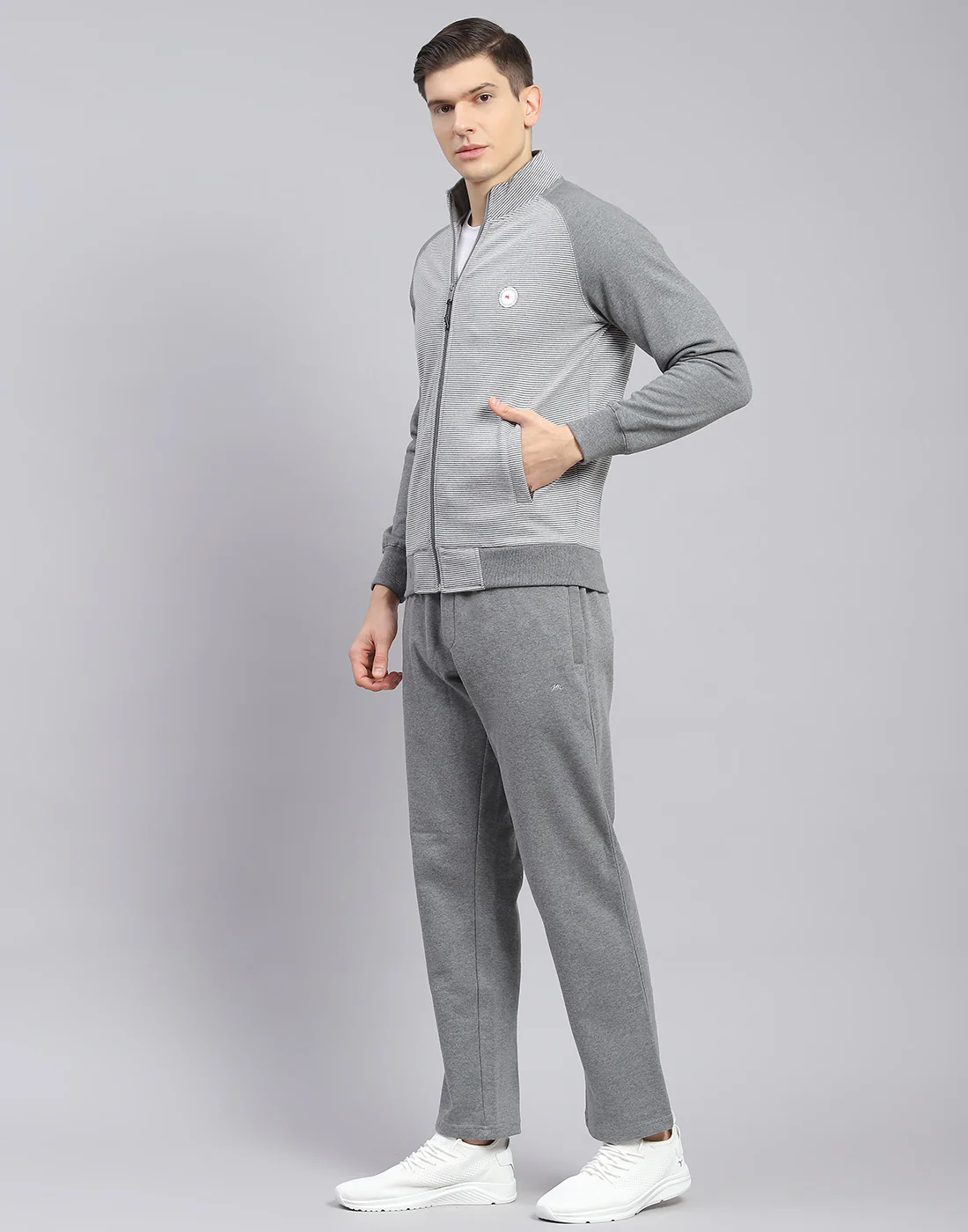 Men Grey Solid Stand Collar Full Sleeve Tracksuit - Image 3
