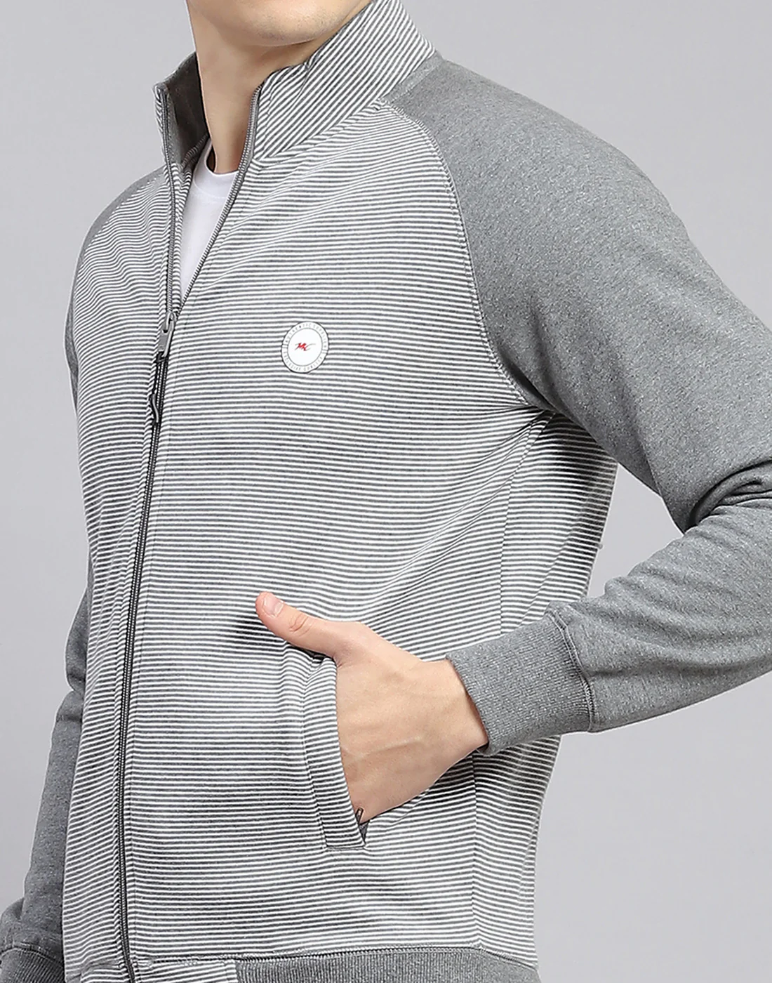 Men Grey Solid Stand Collar Full Sleeve Tracksuit - Image 7
