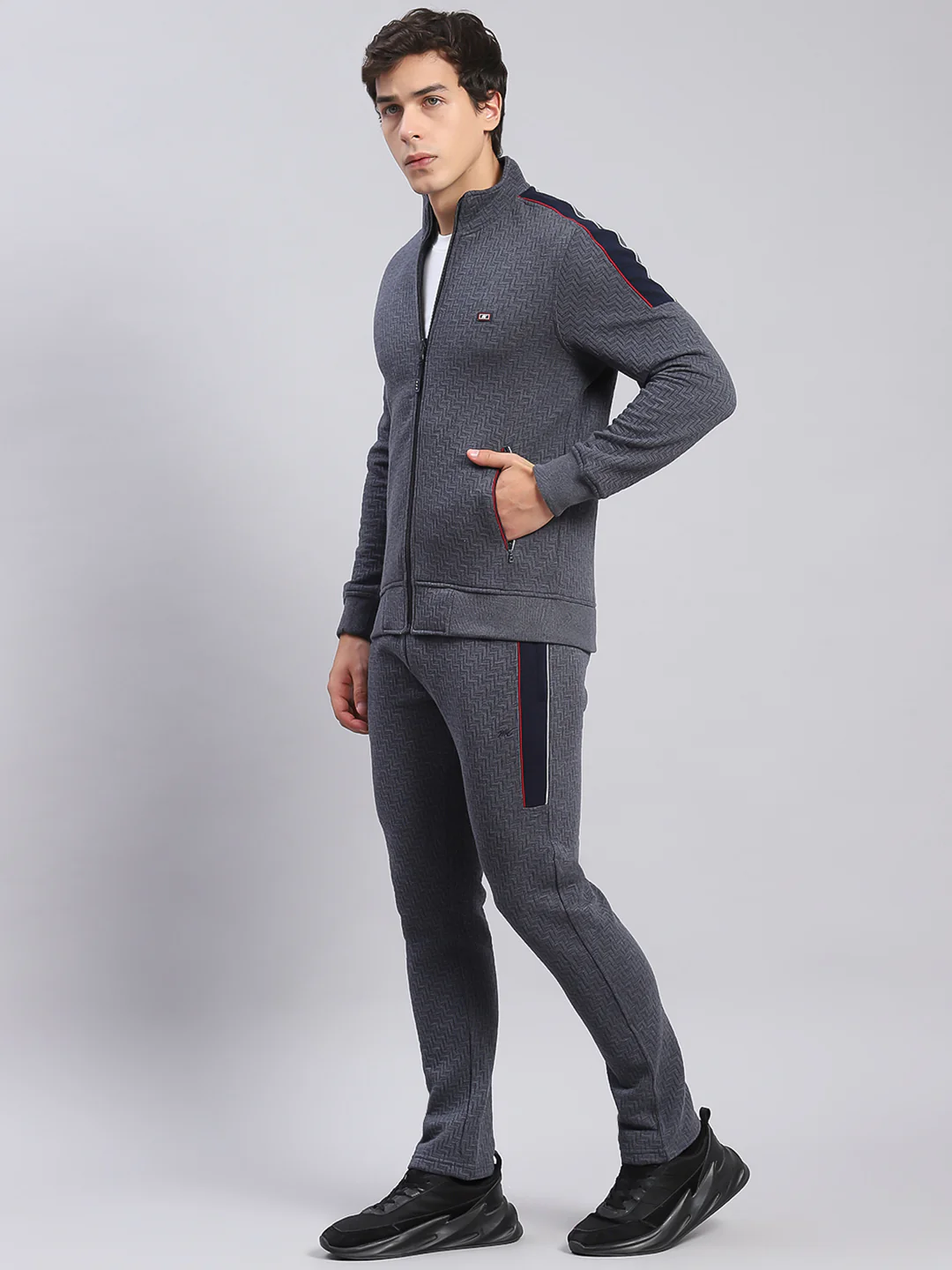 Men Grey Solid Stand Collar Full Sleeve Tracksuits - Image 3