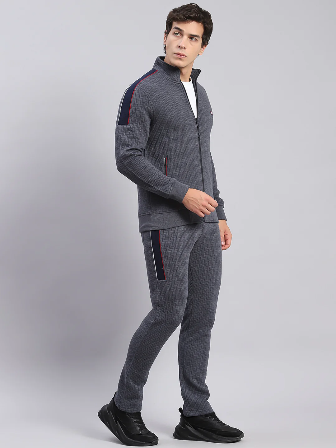 Men Grey Solid Stand Collar Full Sleeve Tracksuits - Image 4