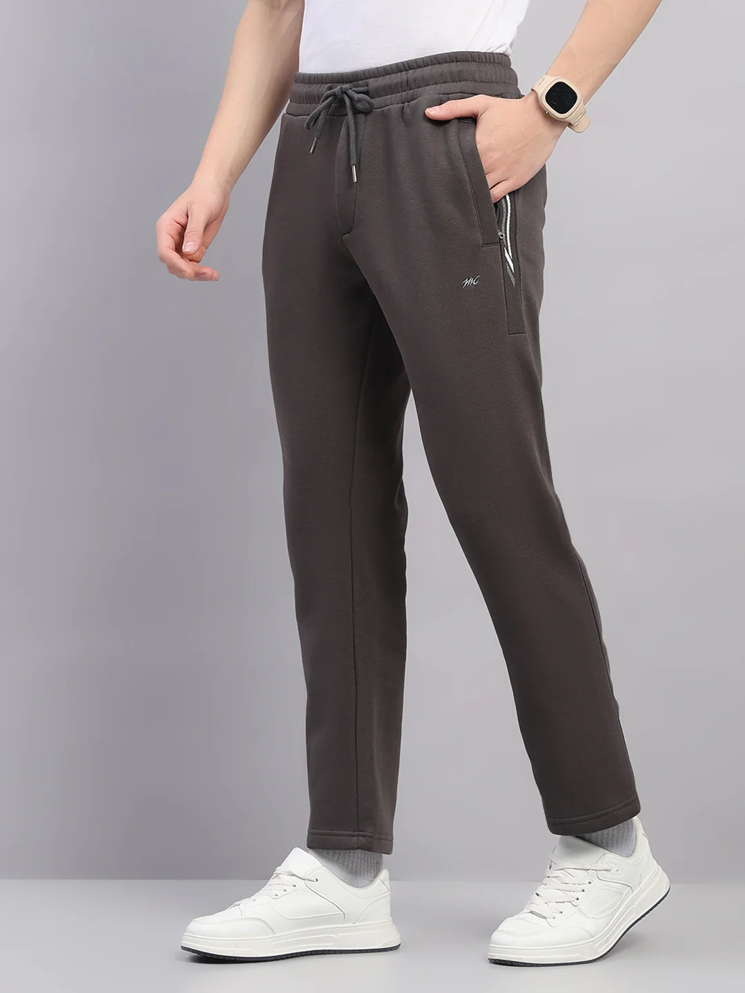 Men Grey Solid Stand Collar Full Sleeve Winter Tracksuit - Image 6