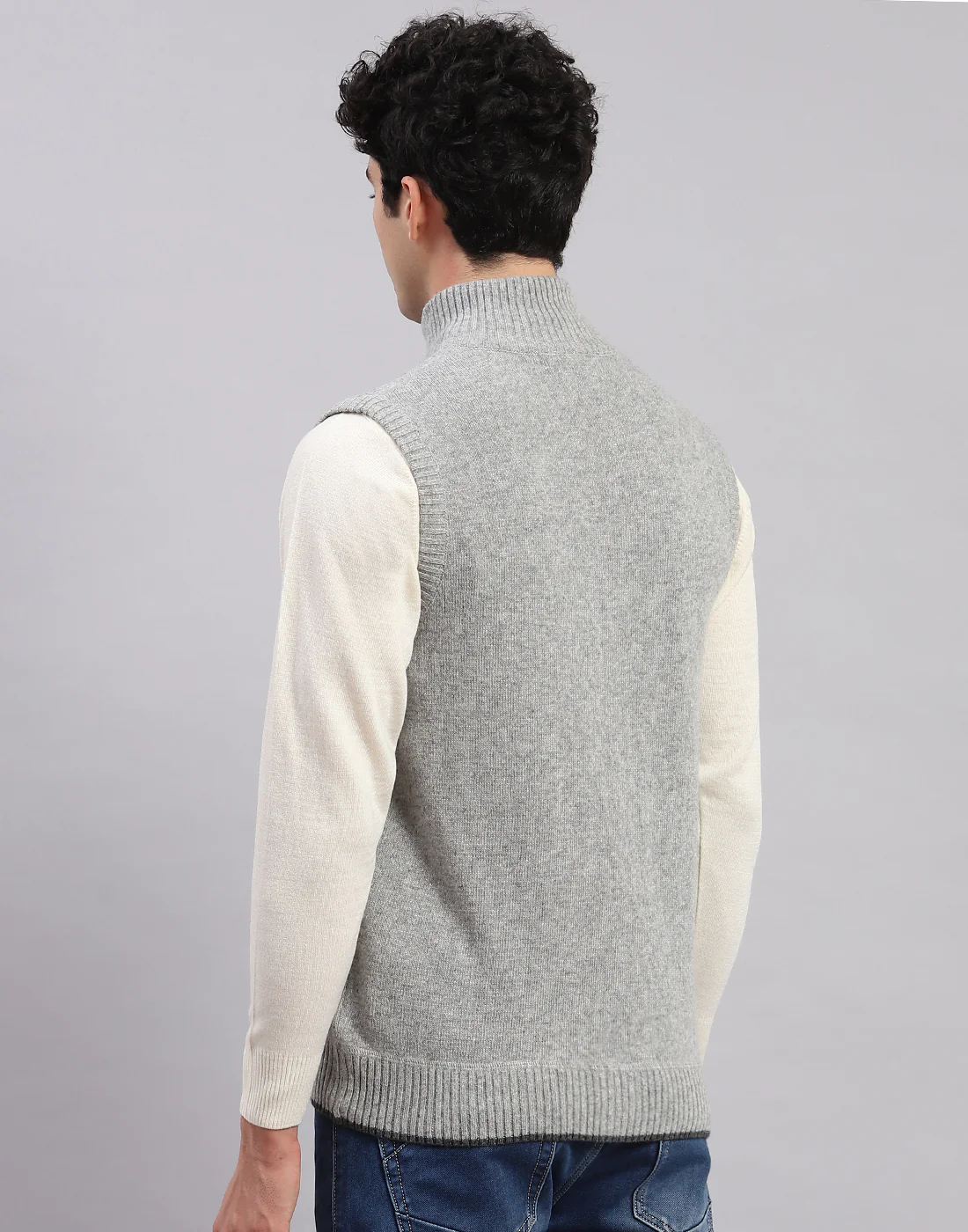 Men Grey Solid Stand Collar Sleeveless Sweaters/Pullovers - Image 5