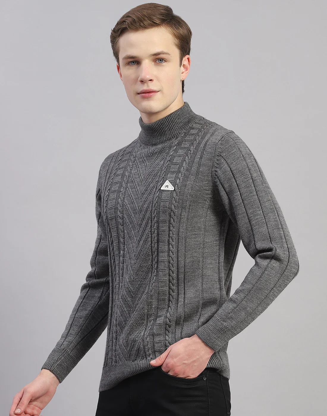 Men Grey Solid T Neck Full Sleeve Pullover - Image 3