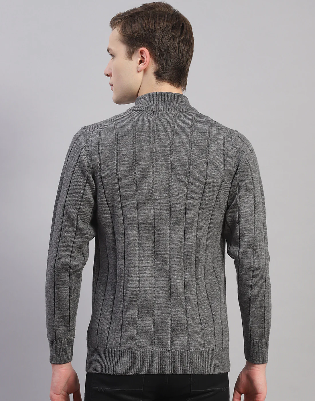 Men Grey Solid T Neck Full Sleeve Pullover - Image 5