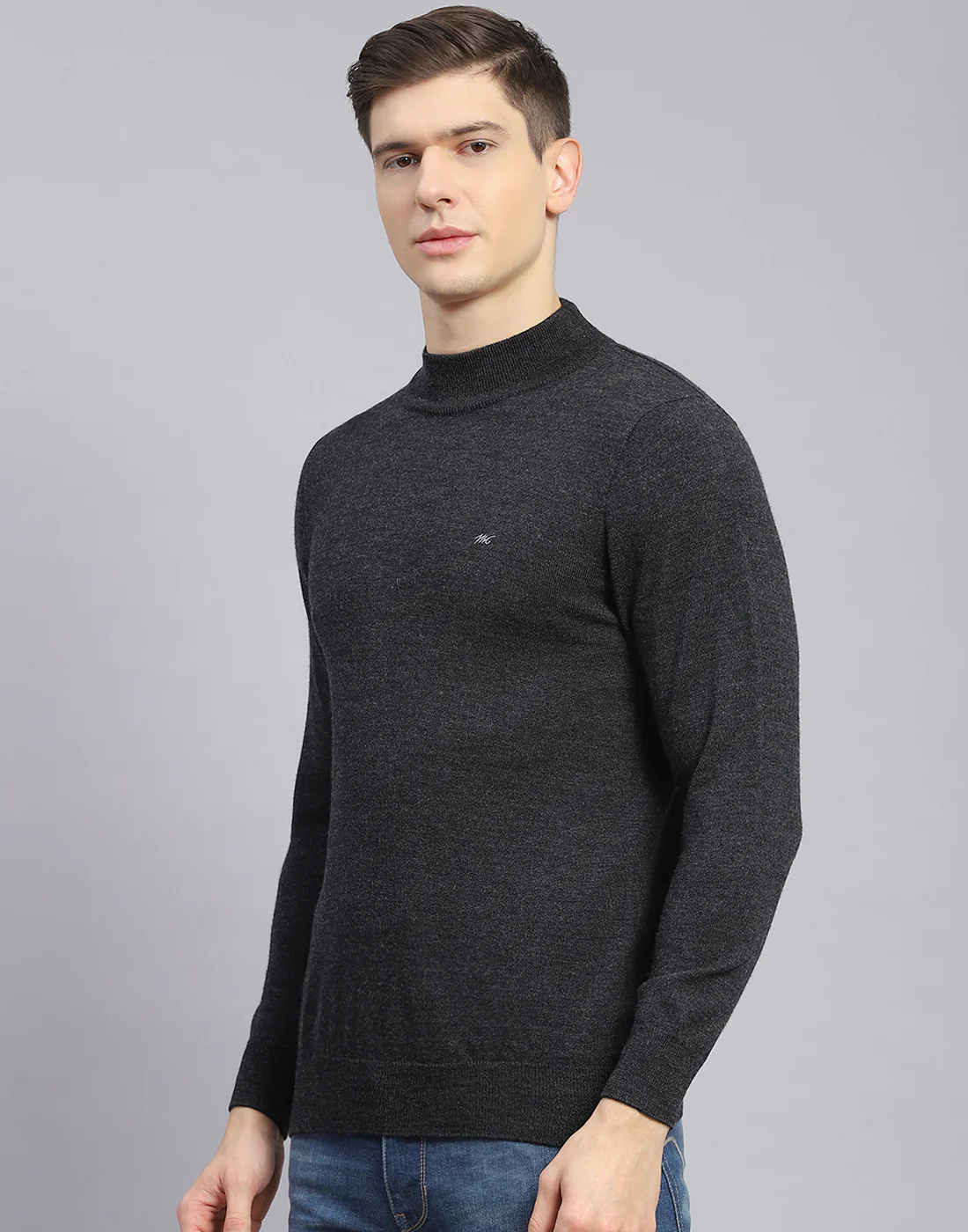 Men Grey Solid T Neck Full Sleeve Sweater - Image 4
