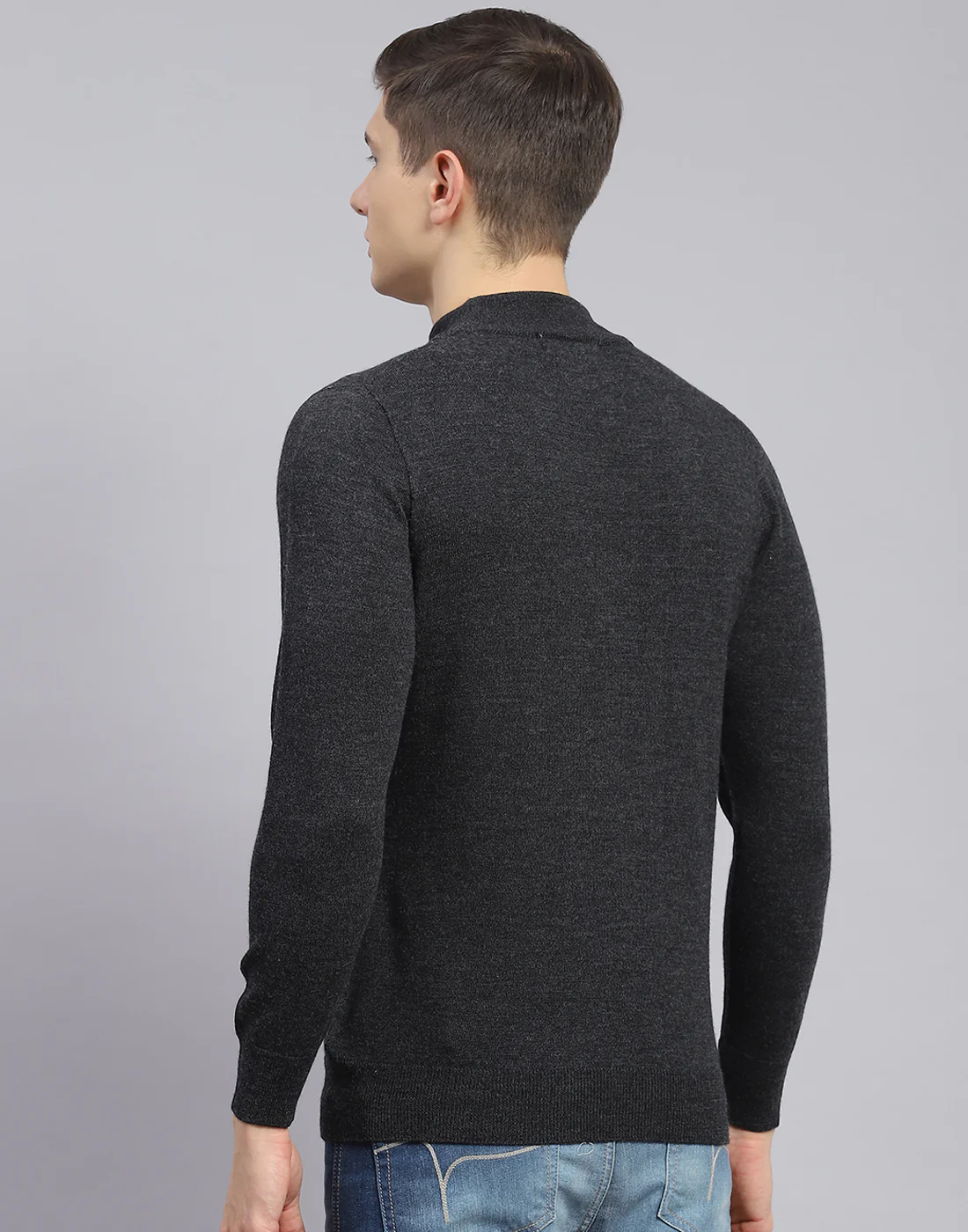 Men Grey Solid T Neck Full Sleeve Sweater - Image 7
