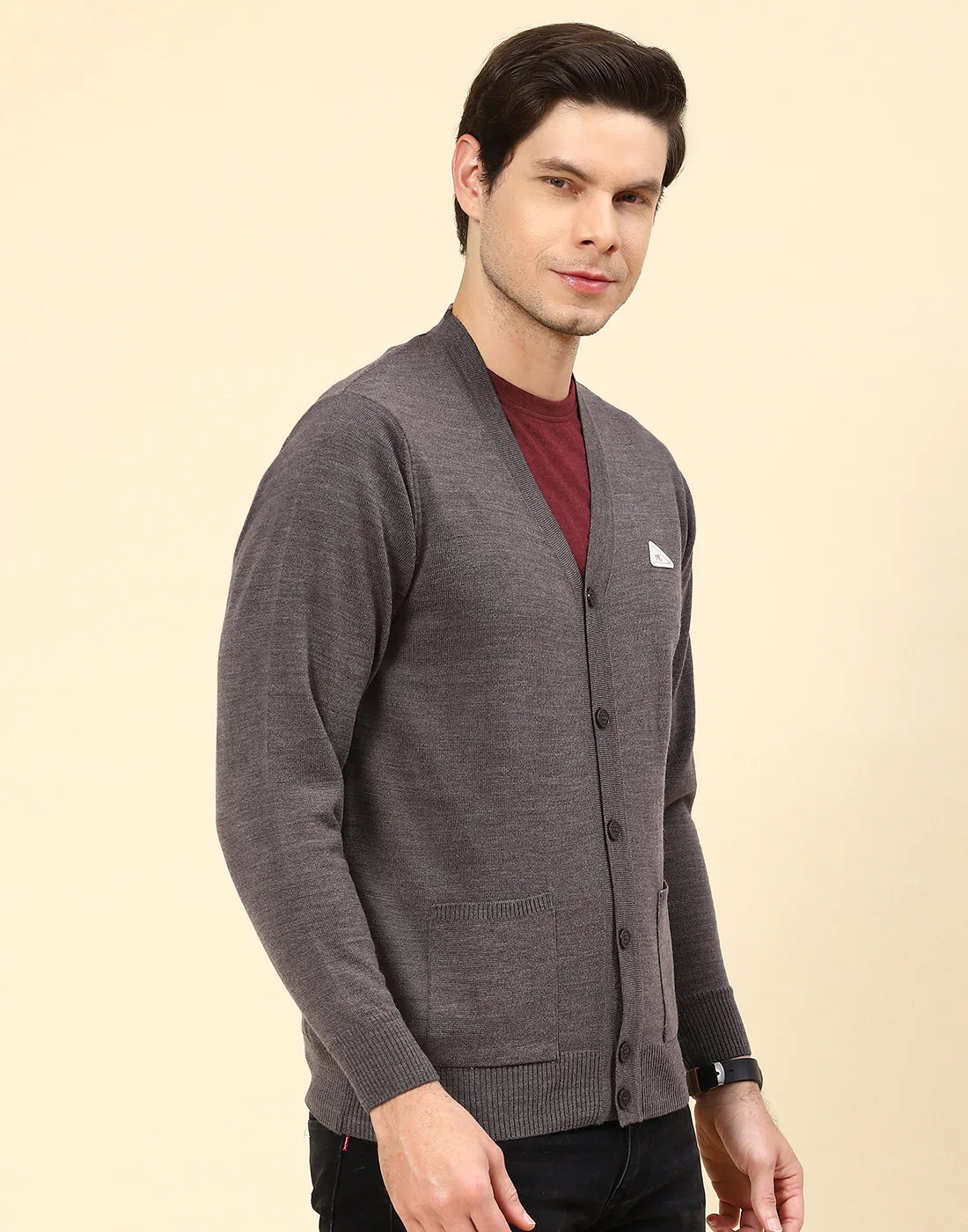 Men Grey Solid V Neck Full Sleeve Cardigan - Image 4