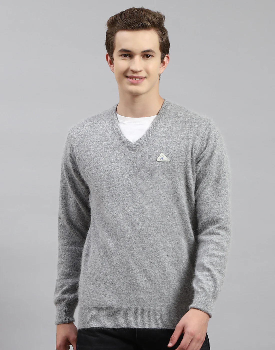 Men Grey Solid V Neck Full Sleeve Pullover - Image 3