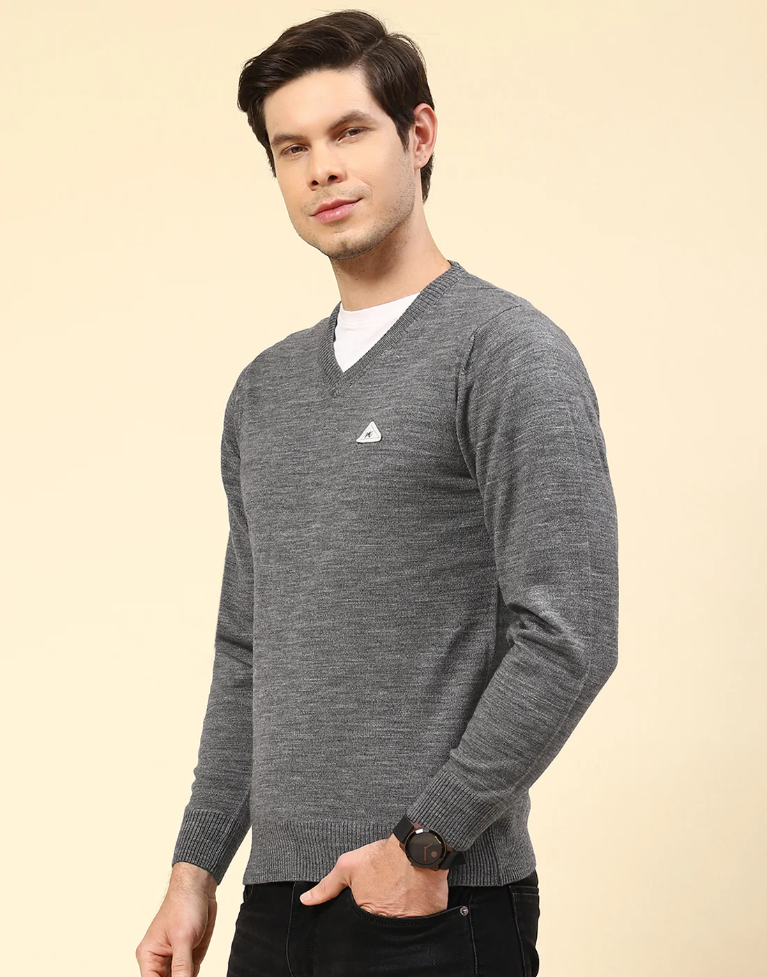 Men Grey Solid V Neck Full Sleeve Pullover - Image 3