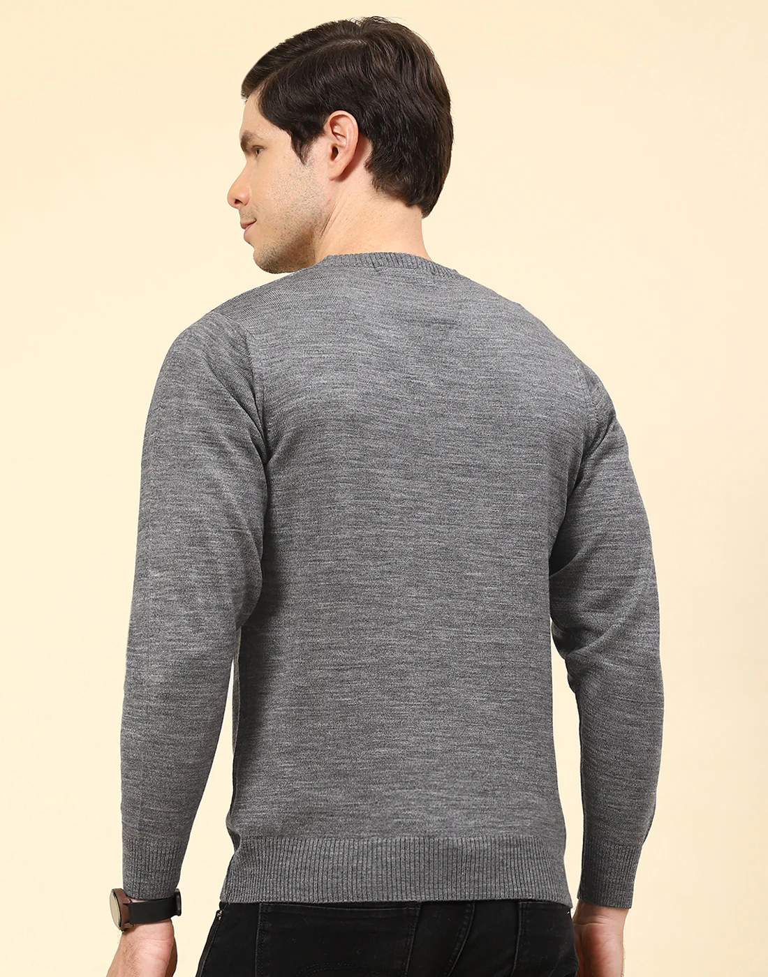 Men Grey Solid V Neck Full Sleeve Pullover - Image 5