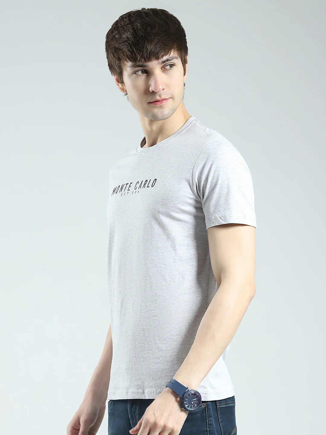 Men Grey Solid Round Neck Half Sleeve T-Shirt - Image 3