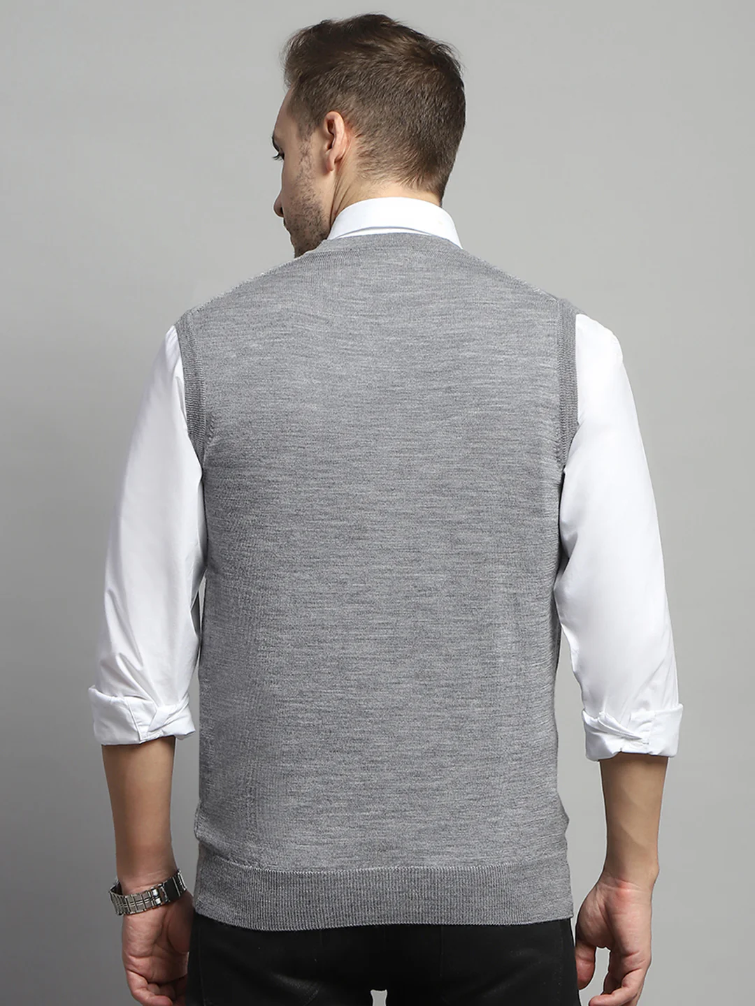 Luxuria Men Grey Solid V Neck Sleeveless Cardigan - Image 5