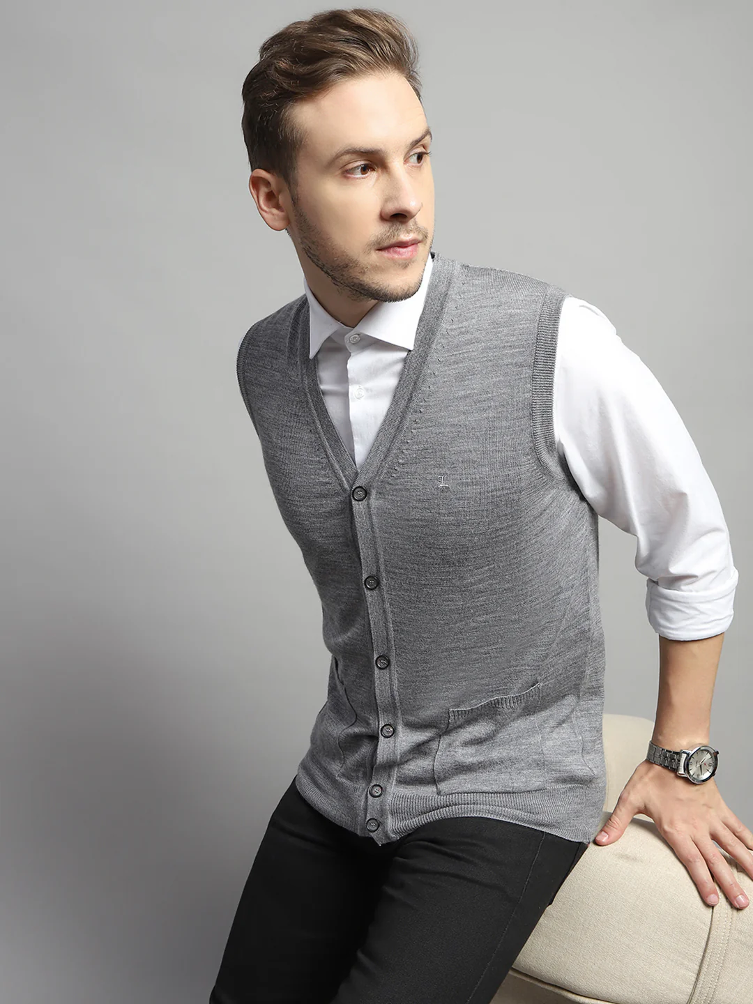 Luxuria Men Grey Solid V Neck Sleeveless Cardigan - Image 6
