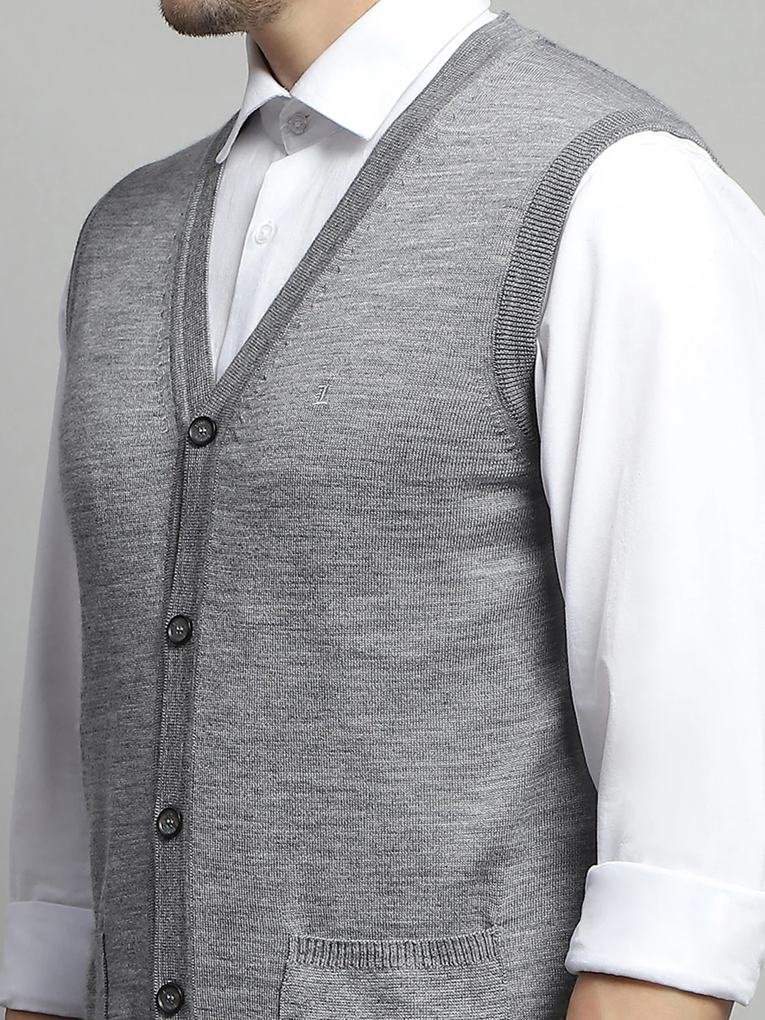 Luxuria Men Grey Solid V Neck Sleeveless Cardigan - Image 7