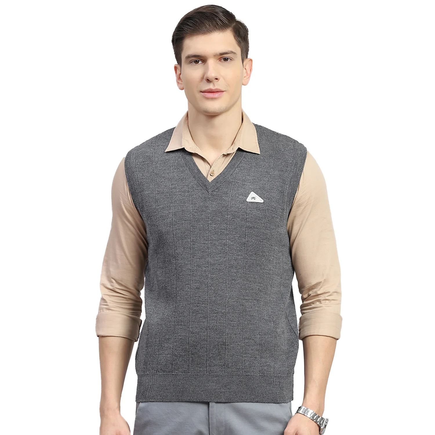Men Grey Solid V Neck Sleeveless Sweater - Image 5
