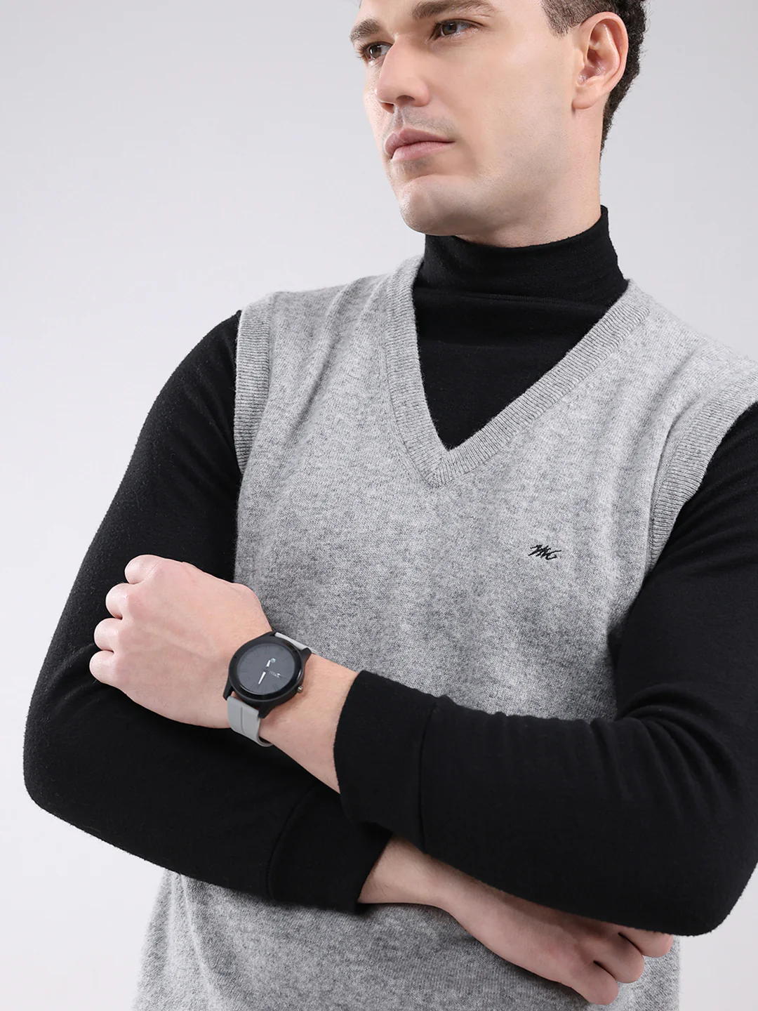 Men Grey Solid V Neck Sleeveless Sweater - Image 6