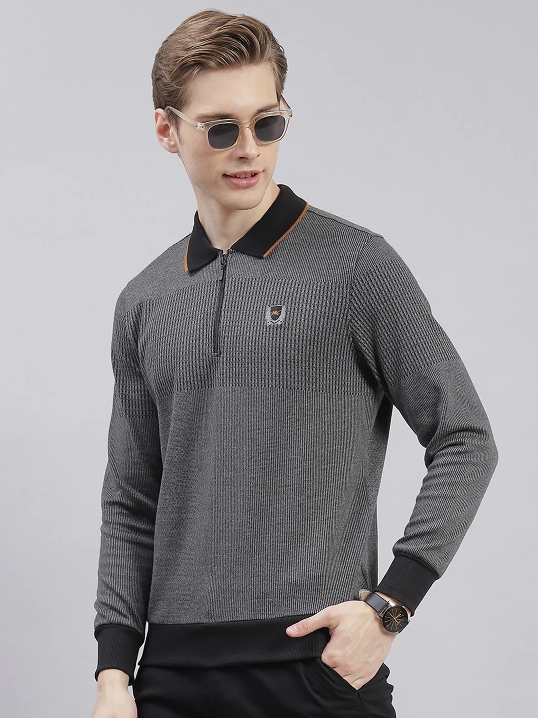 Men Grey Stripe Collar Full Sleeve Sweatshirts - Image 3