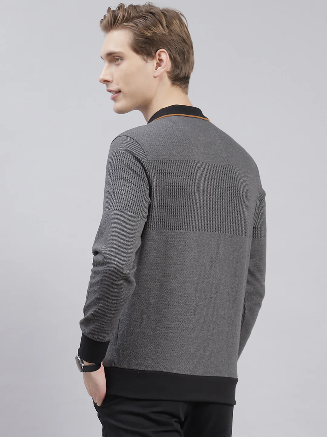 Men Grey Stripe Collar Full Sleeve Sweatshirts - Image 5