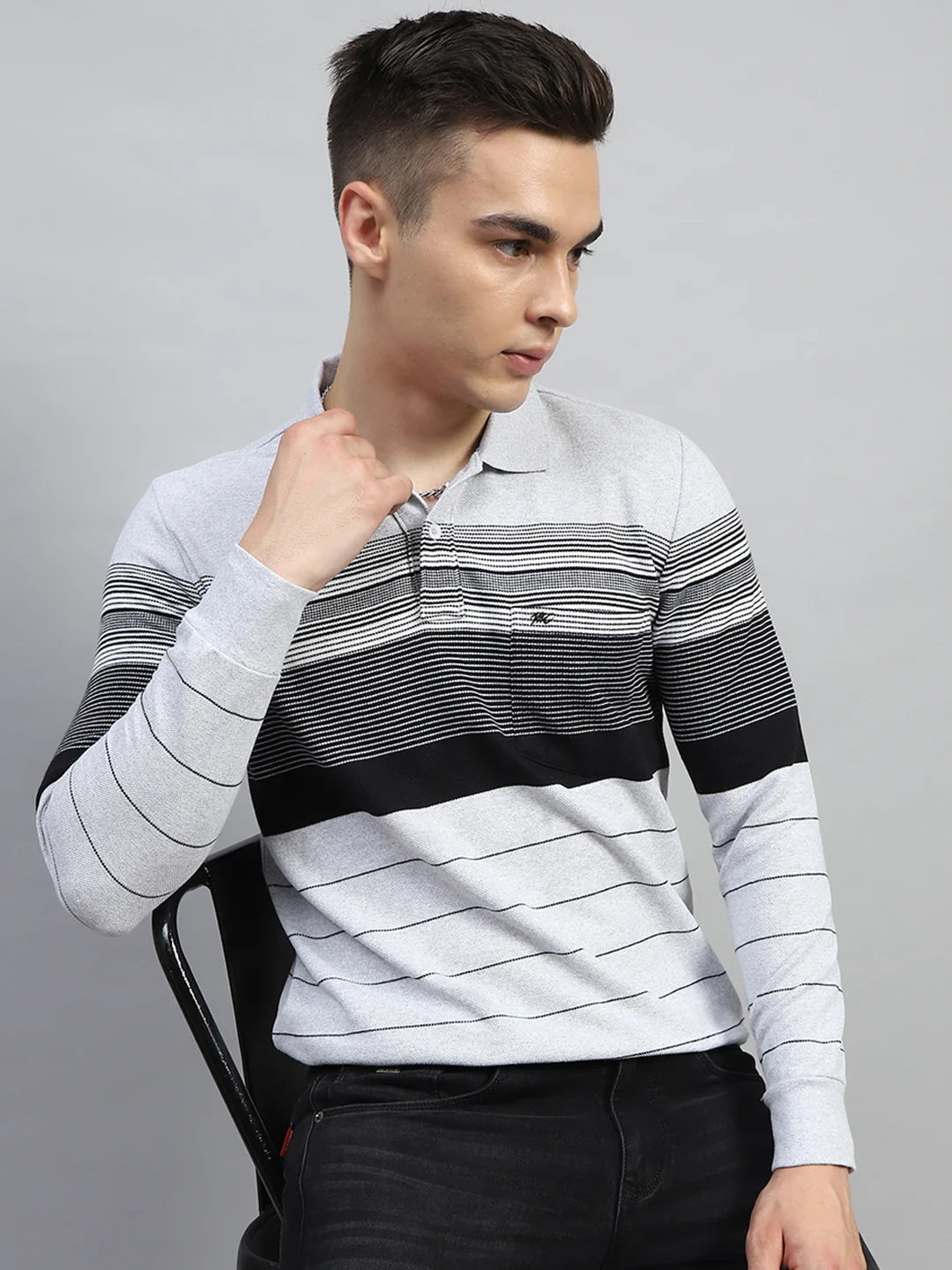 Men Grey Stripe Collar Full Sleeve Winter T-Shirt - Image 6