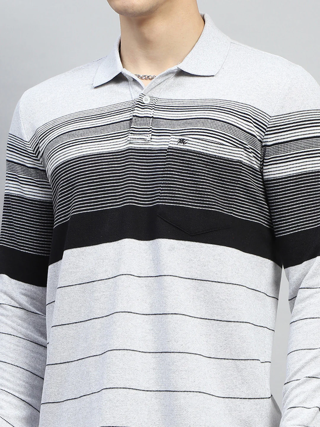 Men Grey Stripe Collar Full Sleeve Winter T-Shirt - Image 7