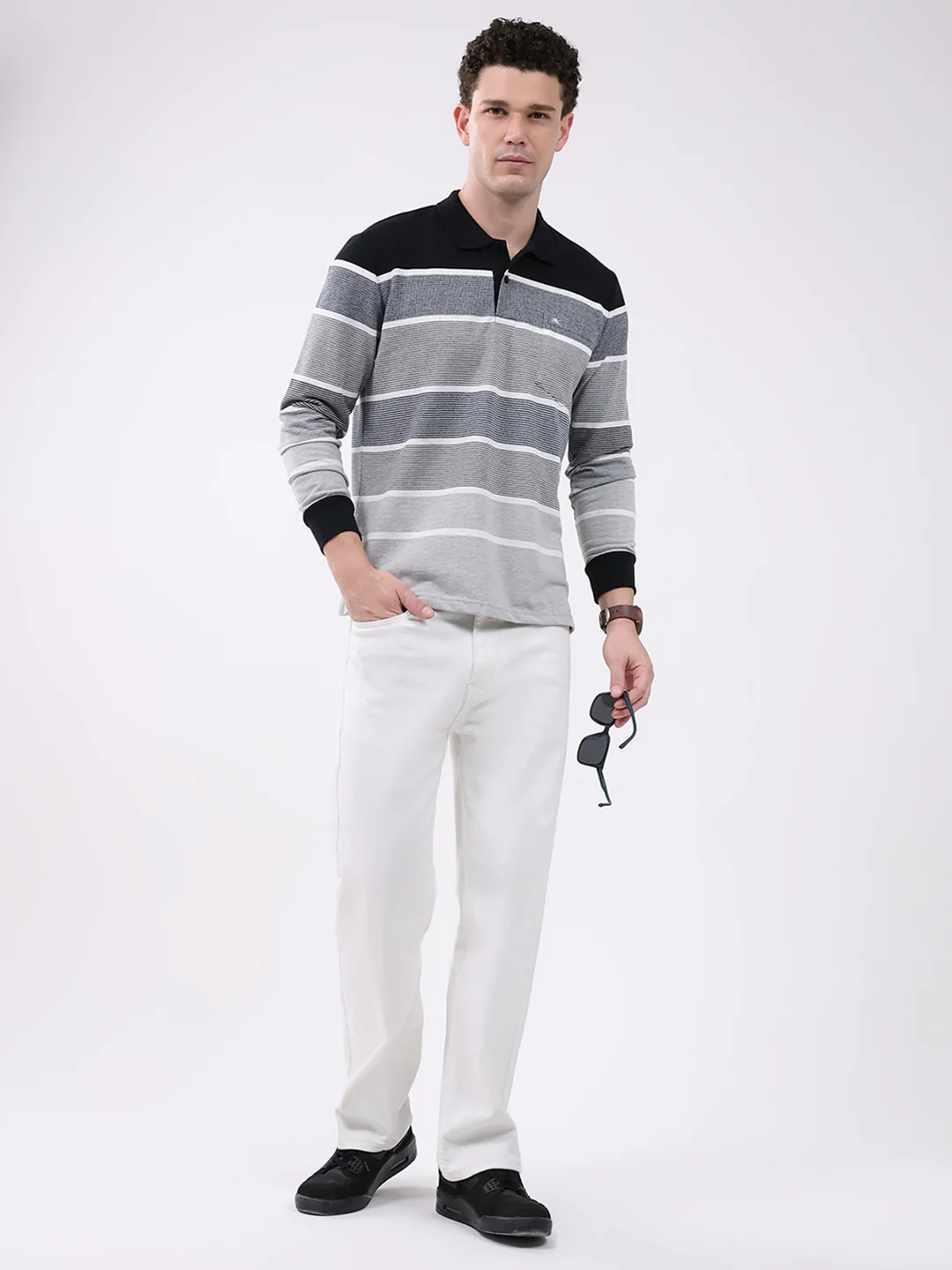 Men Grey Stripe Collar Full Sleeve Winter T-Shirt - Image 2